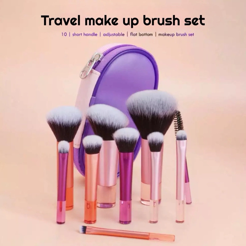 brush makeup travel set 10pcs dengan pouch cantik kuas alat make up kosmetik portable - MUA1
