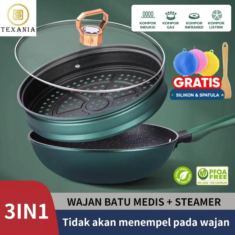 24 jam dikirim⚡TEXANIA 3IN1 Wajan Wokpan + Steamer 30 CM Bahan BATU MEDIS Anti Lengket Hijau Premium Panci Penggorengan Kukus Serba Guna