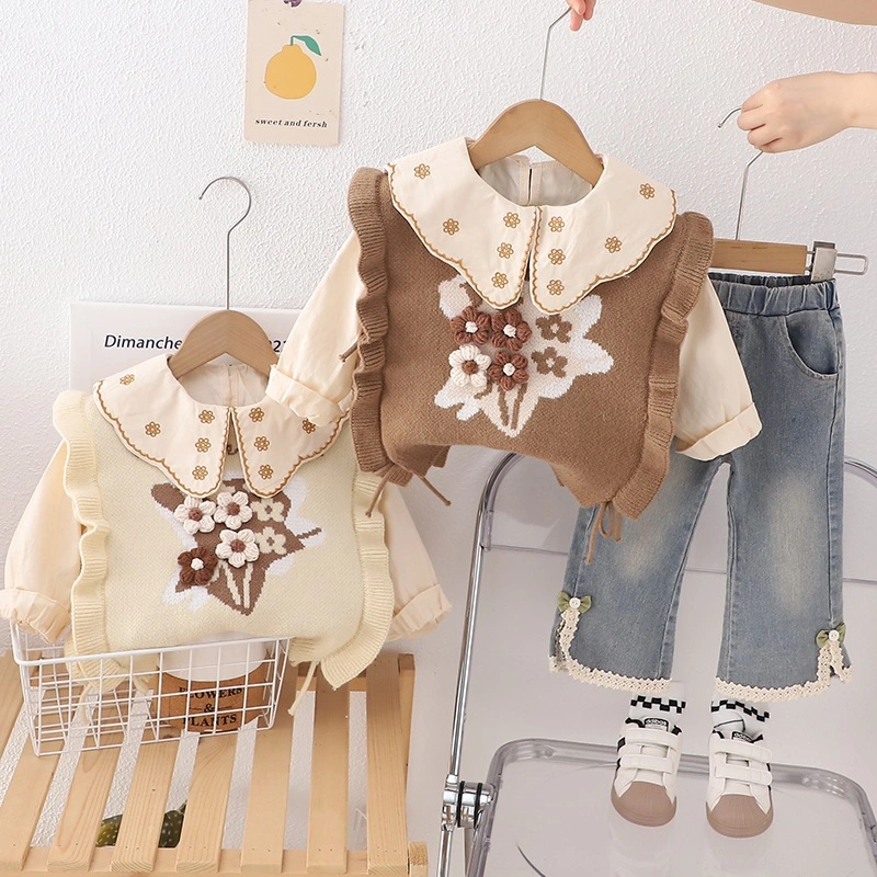 KF CAT Setelan Anak Perempuan Lengan Panjang Bahan Rajut Soft Jeans Motif Bunga Usia 1-4 Tahun