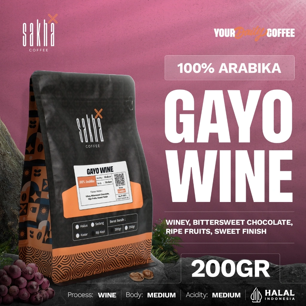 Kopi Arabika Gayo Wine Arabica Coffee 200gr Sakha Roastery Biji Bubuk Coffe Manual Brew