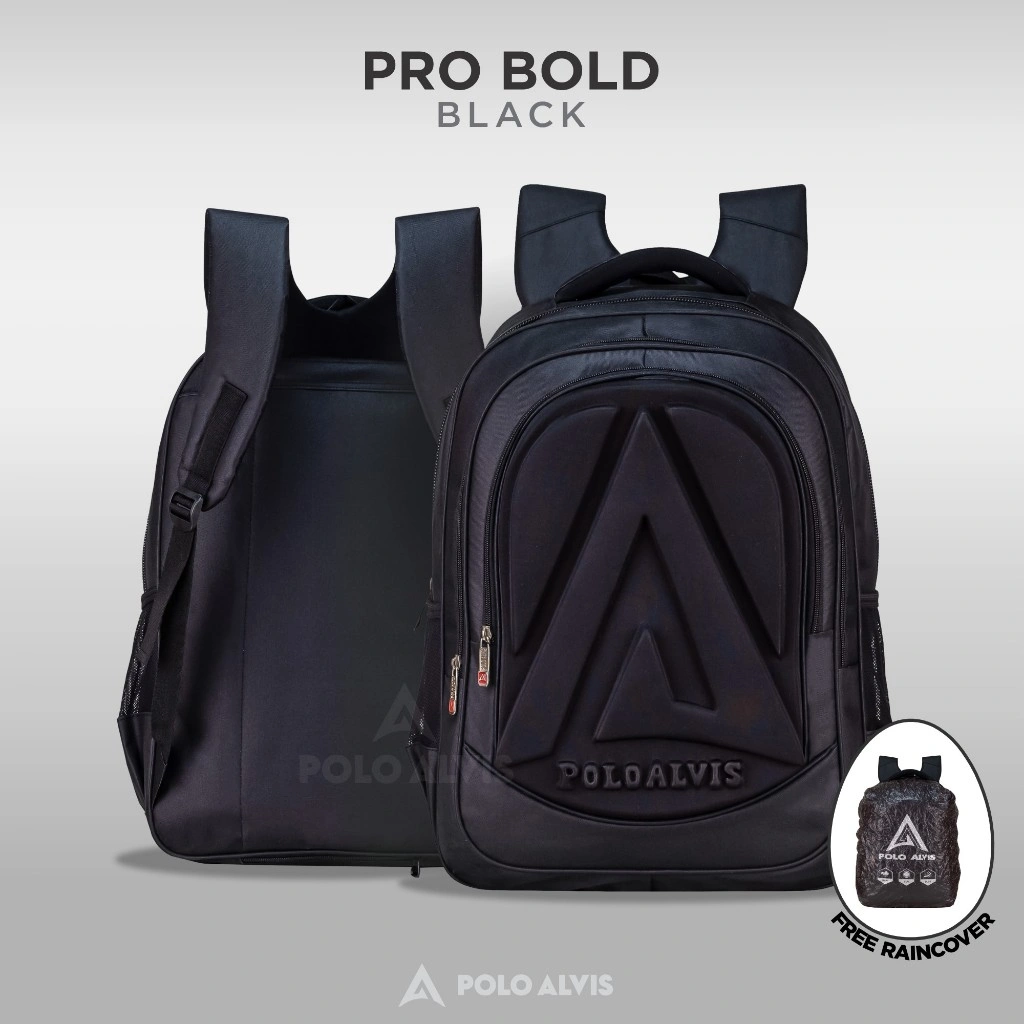 POLO ALVIS - Pro Bold Tas Ransel Emboss Hitam Cowok 3D 18 inch Backpack Pria Sekolah SMP SMA Kuliah