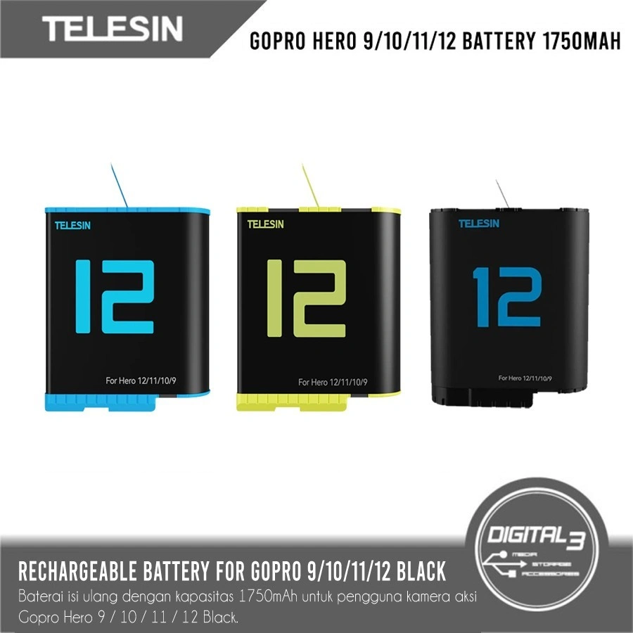 Telesin Battery For GoPro Hero 9 10 11 12 Black 1750mAh Baterai Go Pro