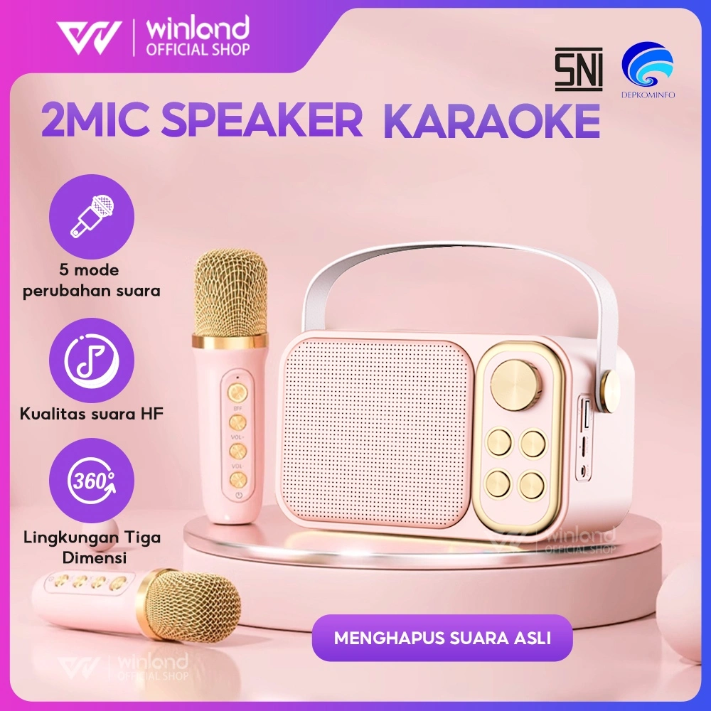 Winland Speaker Bluetooth Karaoke 1 set 2 Wireless Microphone Cute Wireless Lucu Portabel Luar Ruangan Speaker