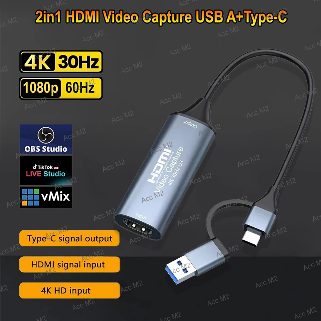 USB Type-C Video Capture Card HDMI 4K/30Hz Game Grabber Record for Switch Xbox PS4/5 Live Broadcast Game Camera Live Streaming - 2in1 USB+Type-C