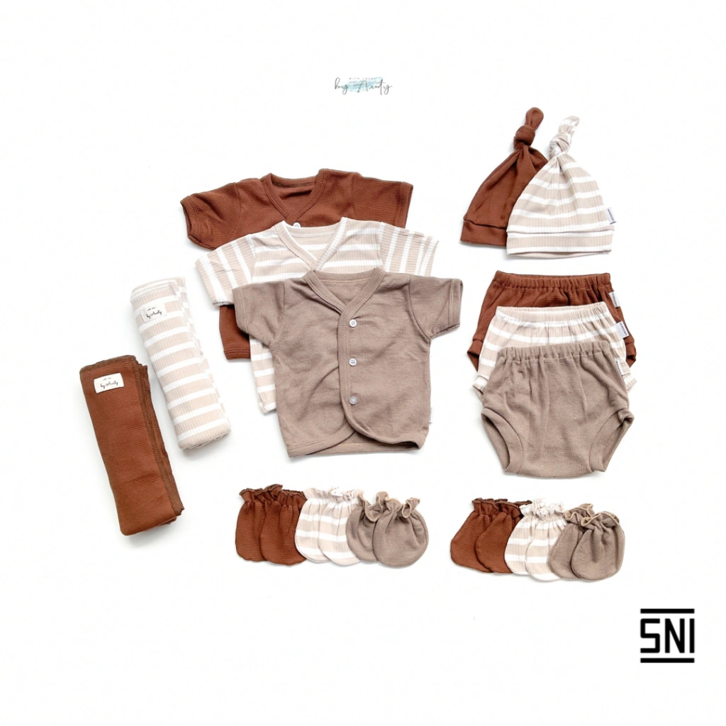 SHOPBYAUNTY - Texture Newborn Kit With Knot Hat (Bedong, Baju Bayi, Topi, Sarung tangan, Sarung kaki 0-6 Bulan)