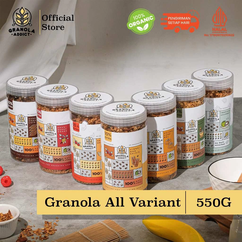 Granola Addict - 550G  (500G EXTRA + 50G) All Variant (DARK CHOCO ; SALTED CARAMEL ; CRANBERRY HONEY ; PANDAN WANGI; BANANA BERRY ; TROPICAL COCONUT ; CINNAMON RAISIN)