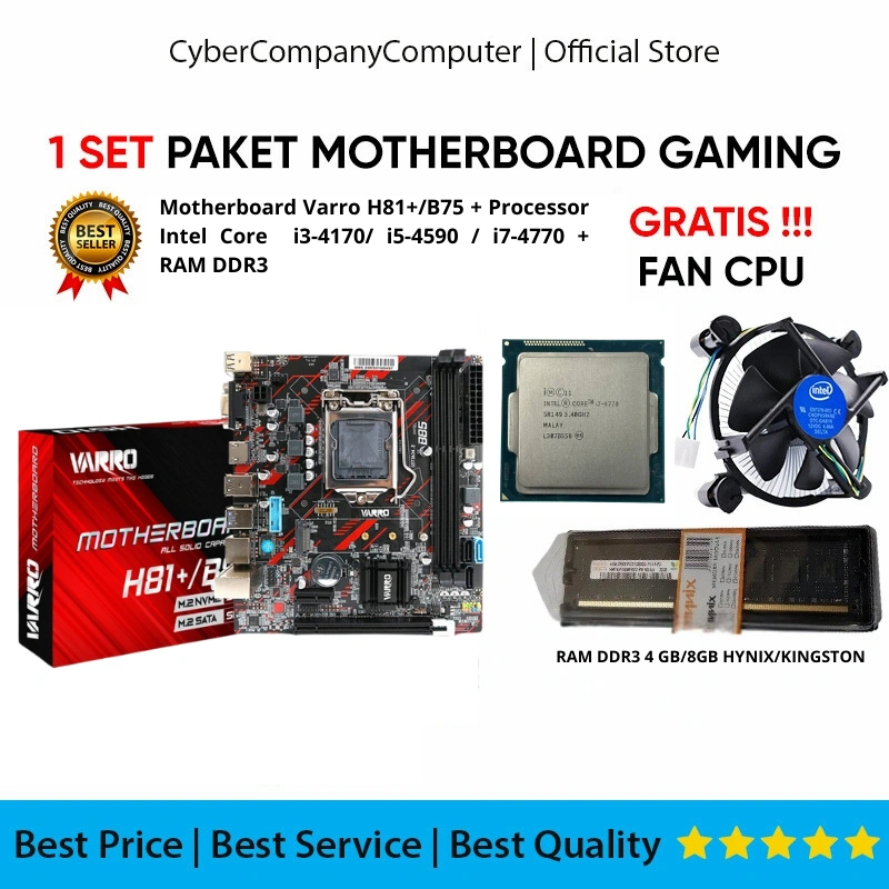 Paket New Motherboard Varro H81+/B85 DDR3 Core i3-4170/ i5 4590 / i7-4770 Socket 1150 HDMI NVME Sata 3.0 Gen 4/5 - Mainboard Varro H81+/B85 DDR3 Core i3-4170/ i5 4590 / i7-4770 Socket Lga 1150 Free Fan - Mobo H81+/B85 Varro