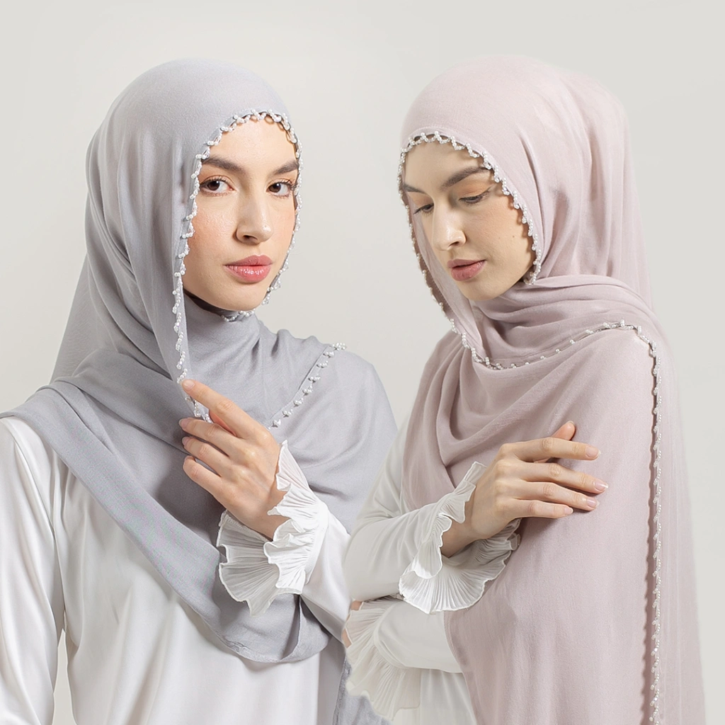 Kilau Series - Pashmina Viscose Payet Pinggir Beads Mutiara Kristal Handmade Premium Beaded Pearl Scarf Hijab Shawl