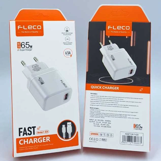 Adaptor Fleco F-620 Charger Type C Original 65W Super Vooc & Fast Charging 6.5A Untuk Semua Hp Colokan Tipe C