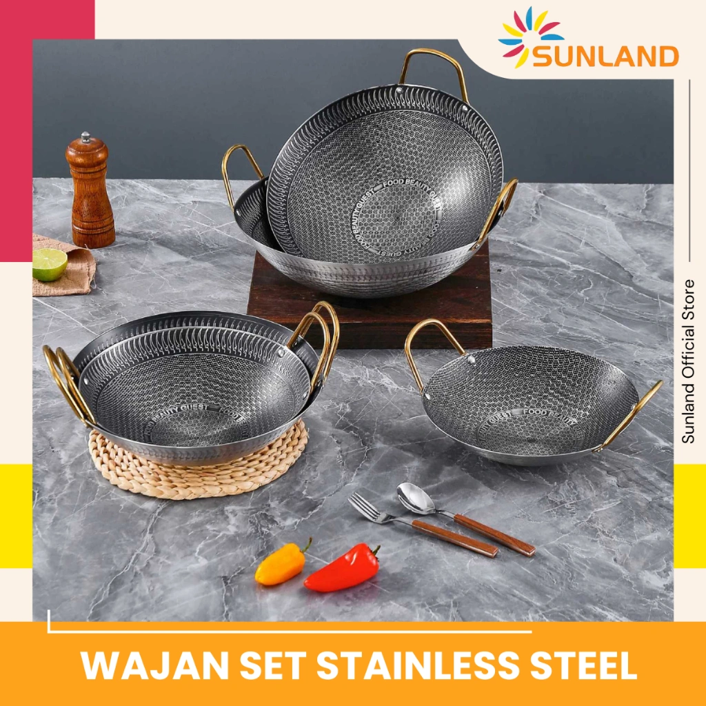 SUNLAND Wajan Penggorengan Stainless Anti Lengket Set 3 Ukuran dengan Pegangan Kuali Premium Quality