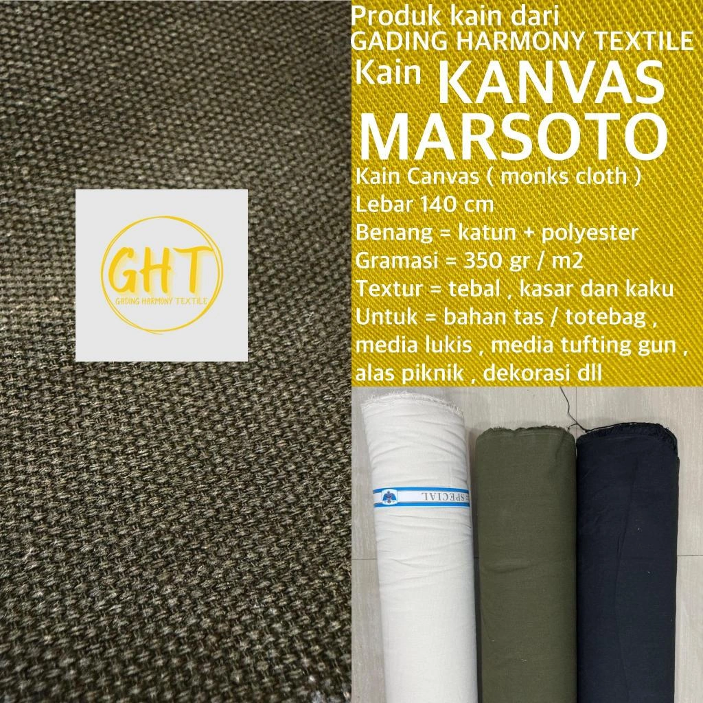 ( per 1 roll ) kain KANVAS MARSOTO lebar 140 cm canvas katun polyester monk monks cloth tebal kasar kaku bahan tas tote bag totebag pouch punch needle tufting gun sulam menyulam alas piknik media lukis dekorasi dekor background foto tirai hordeng gorden