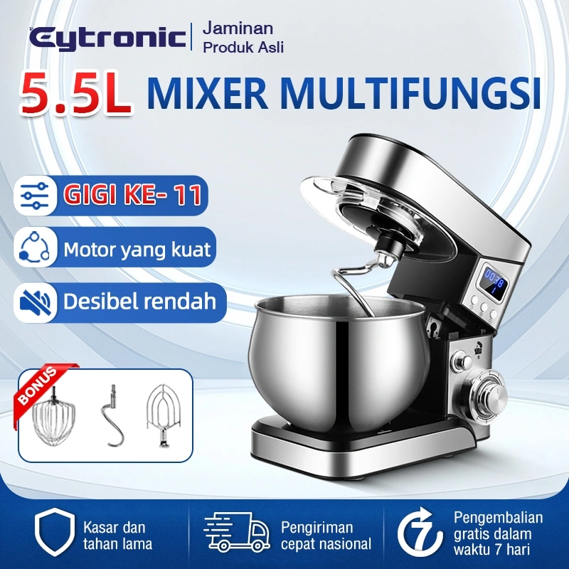 [READY STOCK]Mixer multifungsi berkapasitas besar 5L, pengaturan 6 kecepatan, motor bertenaga 1200W, baja tahan karat food grade 304 untuk mencampur adonan, mengocok telur, dan mencampur krim semuanya dalam satu untuk penggunaan di rumah dan komersial
