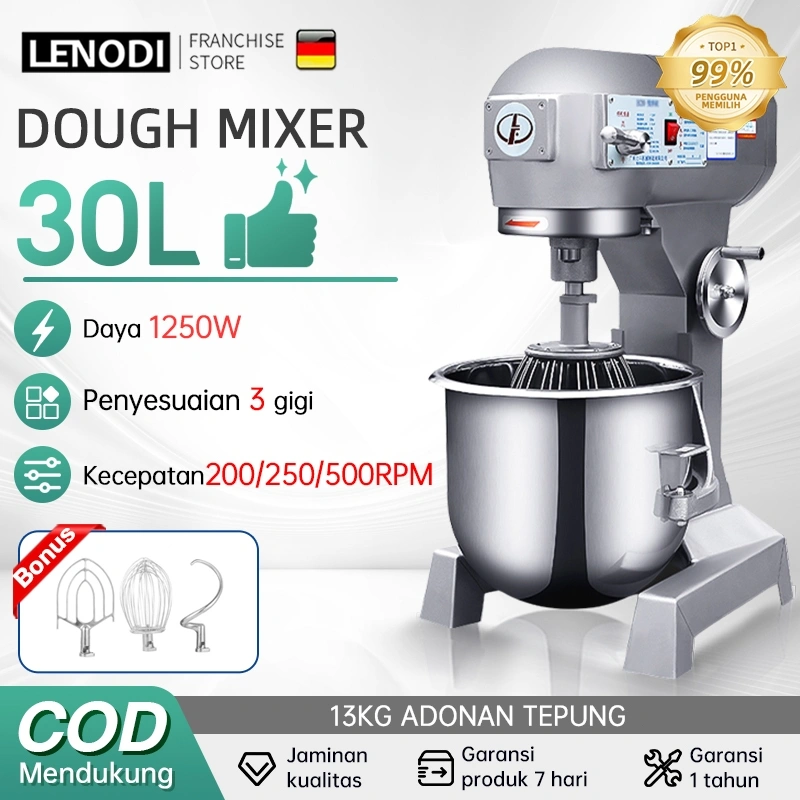 LENODI Mixer Mesin Pengaduk Adonan 30 Liter Mesin Adonan Mixer Kuat Pengocok Telur Mesin Menguleni Tepung Bahan Isi Koki Krim Komersial Mesin Susu Segar