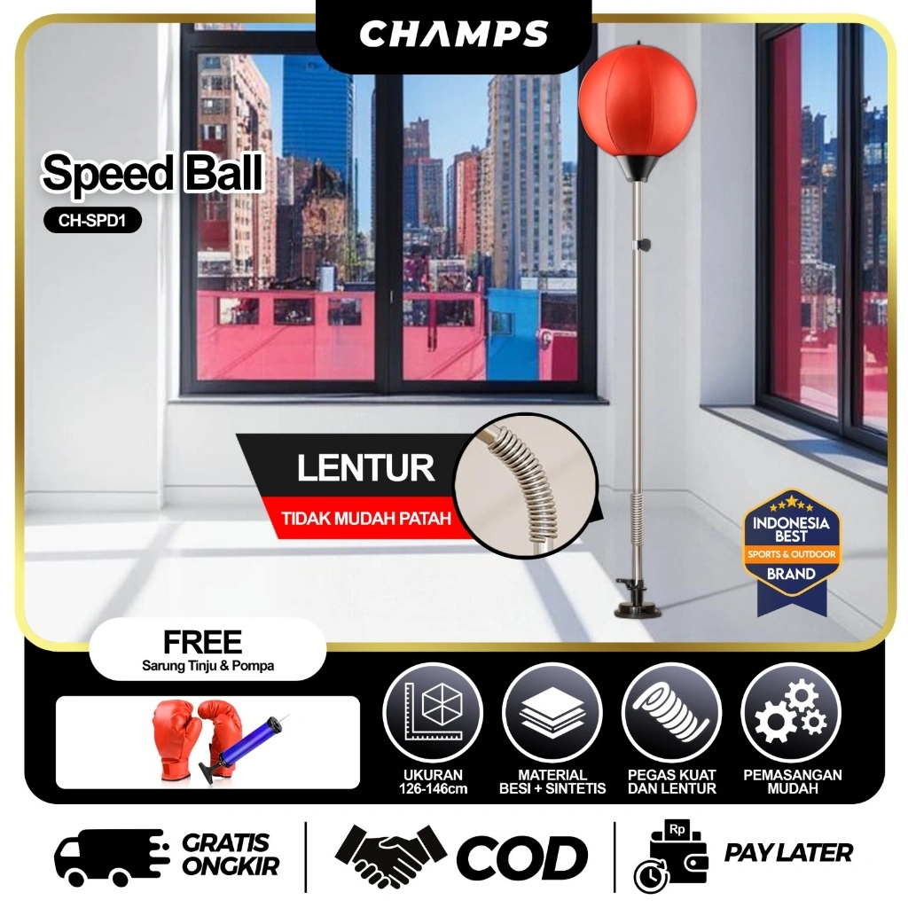 CHAMPS Speed Ball Adjustable – Samsak Tinju Latihan Olahraga + Free Sarung Tinju & Pompa Angin