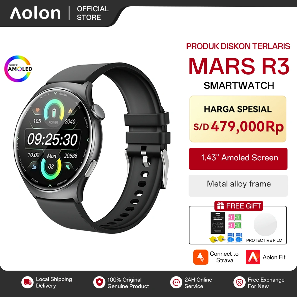 Aolon Mars R3 Smartwatch Amoled Strava Original Bulat | Running Pace | Alloy Body | 1.43-inch | Smartwatch Pria Smart Watch GT 6 IP68 Waterproof