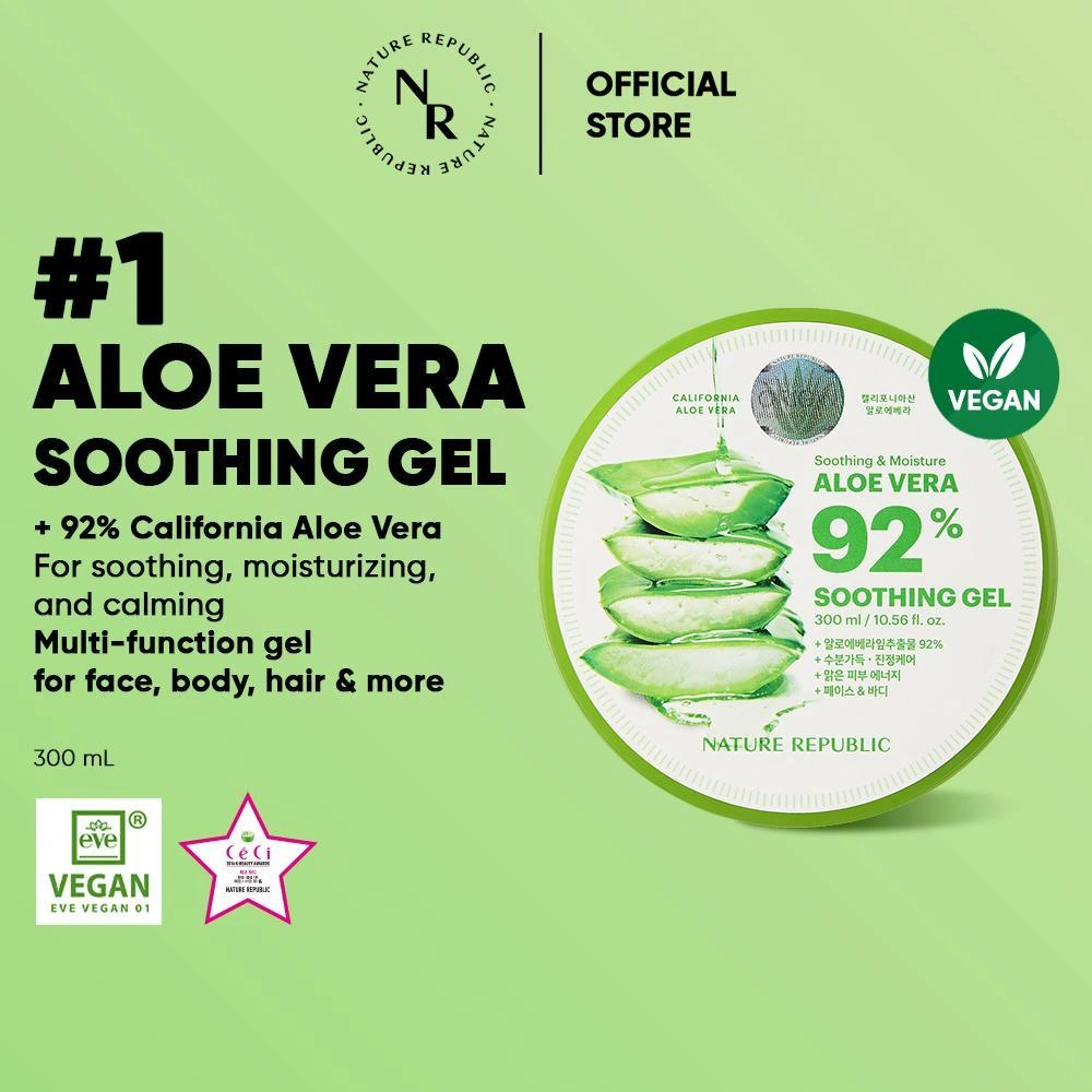 NATURE REPUBLIC Aloe Vera 92% Soothing Gel - 300ml | Face & Body Gel Multifungsi dengan Antioxidant Mencerahkan & Menenangkan Kulit Kemerahan atau Iritasi (Jar)