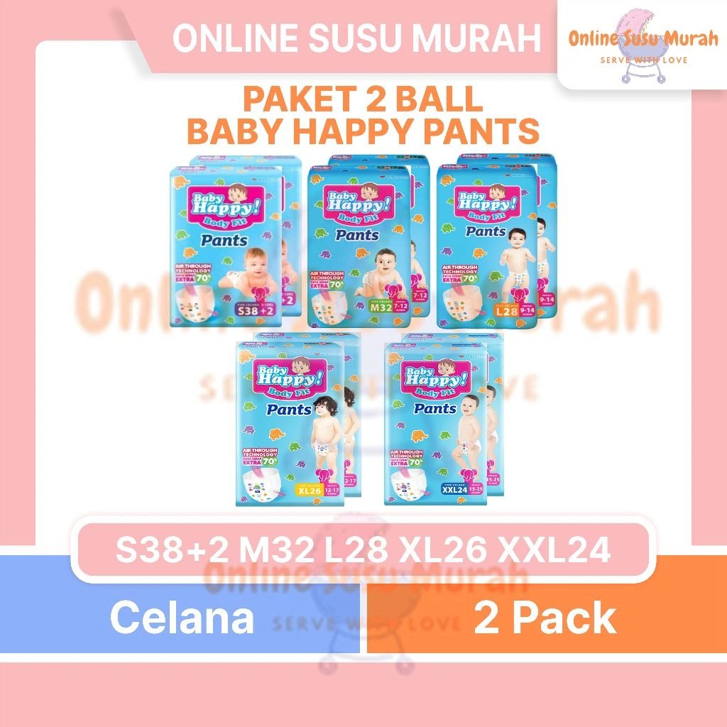 BABY HAPPY PANTS PAKET 2 BALL S 38 +2 M 32 L 28 XL 26 XXL 24 CELANA S38 +2 M32 L28 XL26 XXL24 PPKS
