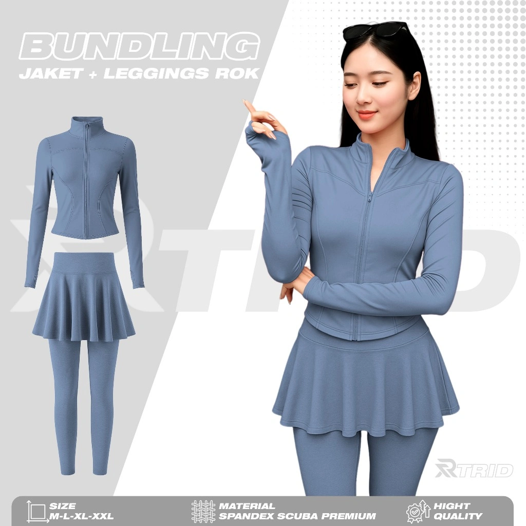 THEREAL.ID - Setelan Jacket Legging Rok Olahraga Wanita Lengan Panjang Gym Tenis Running Anti UV