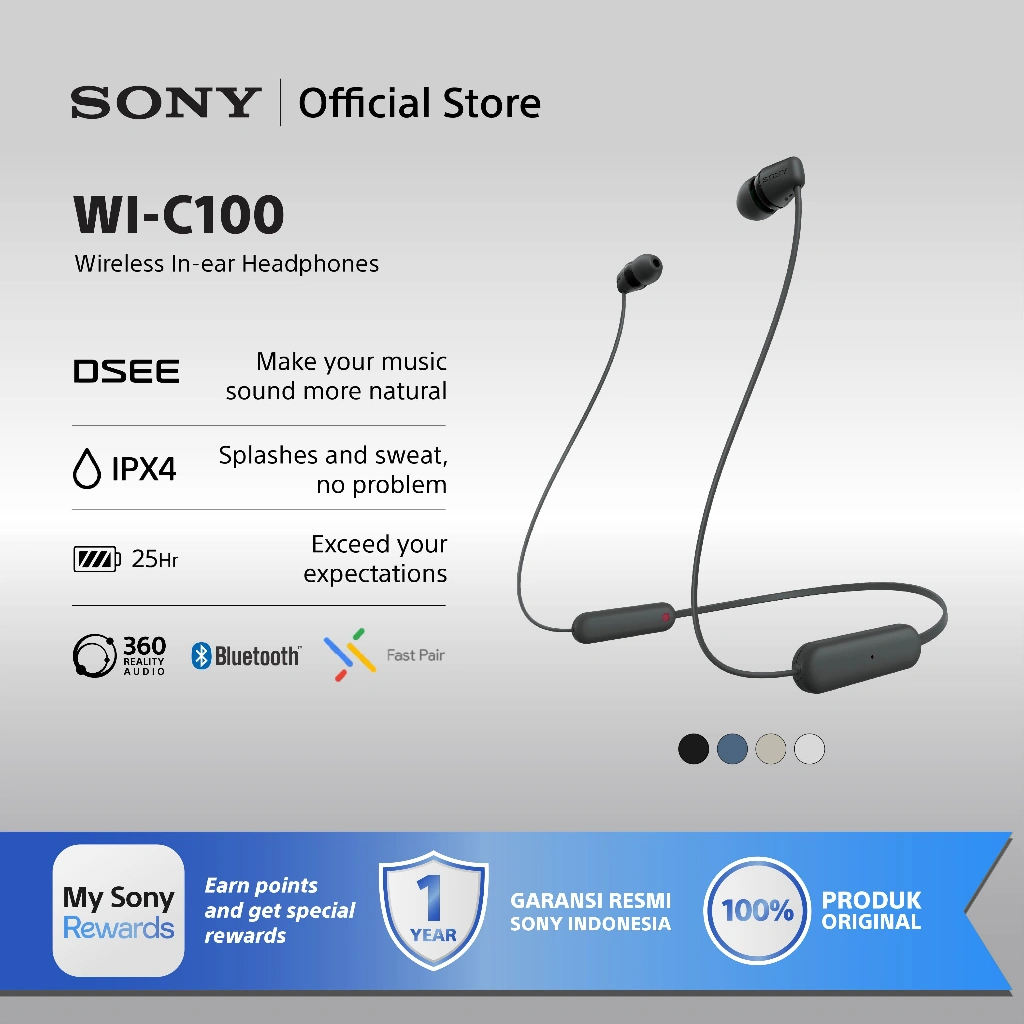 SONY WI-C100 In Ear Wireless Bluetooth Headset With Microphone For Android & IOS - Black [Battery Up to 25h] Earphone Headphone Handsfree