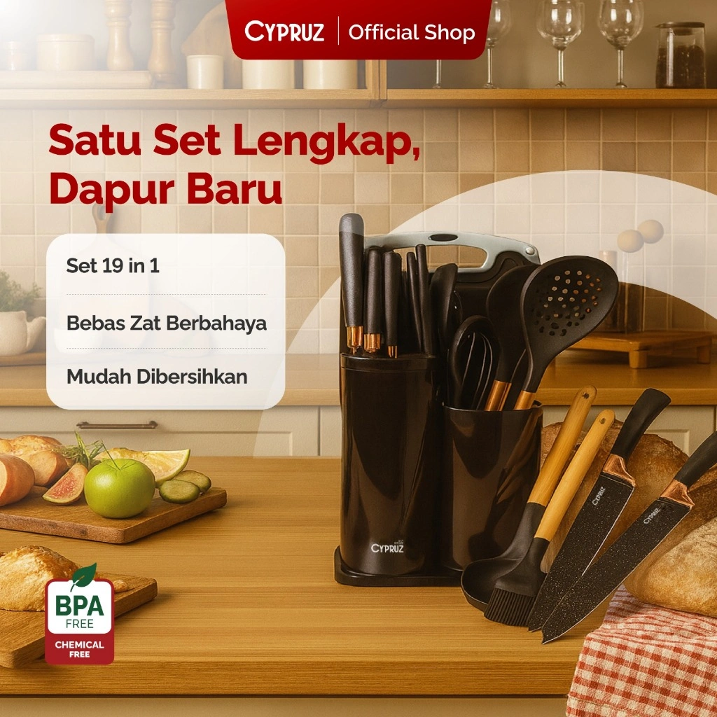 [Spesial Kusmelanys] Cypruz Premium Sillicone Utensil & Knives Peralatan Masak Spatula dan Pisau Set 19 Pcs