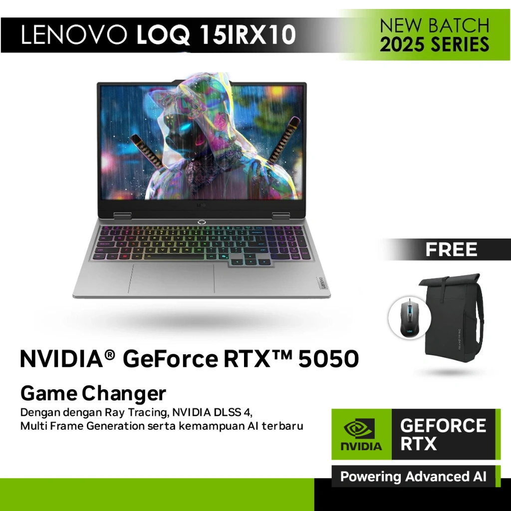 Lenovo LOQ 15IRX10 GeForce RTX™ 5050 8GB - Intel Core i5-13450HX OHS 2021 12GB SO-DIMM 512GB SSD RTX 5050 8GB GDDR7  15.6" FHD (1920x1080) IPS 300nits Anti-glare, 100% sRGB, 144Hz, G-SYNC® 2Y ADP 2Y Premium/83JE0052ID
