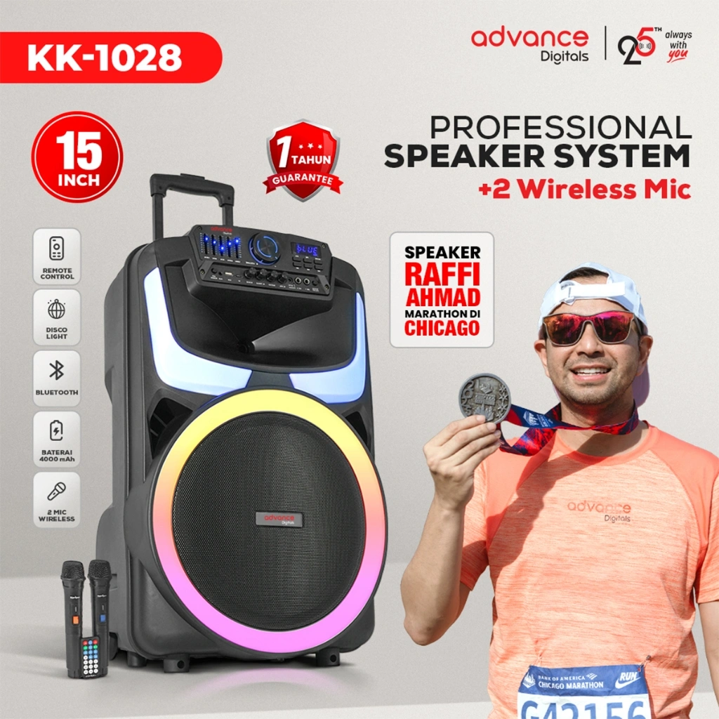 Advance KK-1028 Speaker 15 Inch Super Bass 65W RMS with 2 Microphone Garansi Resmi 1 Tahun