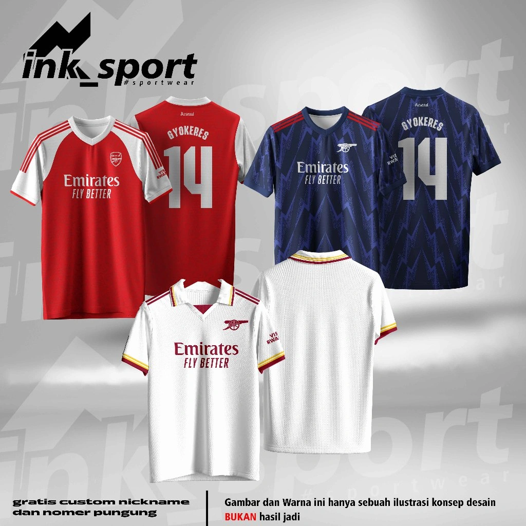 JERSEY SEPAK BOLA FANTASY ARSENAL HOME & AWAY & 3RD EDISI TERBARU 2025 FULL PRINTING, FREE CUSTOM NAMA DAN NOMER PUGGUNG