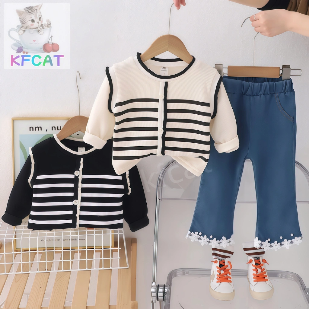 KF CAT Setelan Lengan Panjang Anak Perempuan Bahan Katun Celana Jeans Casual Style Usia 1-4 Tahun