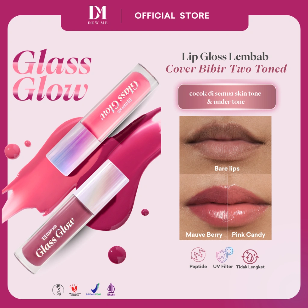 Dew Me Lip Gloss Glass Glow UV Filter Lip Care Melembabkan Bibir Peptide Hydrating Shine Natural Look BPOM