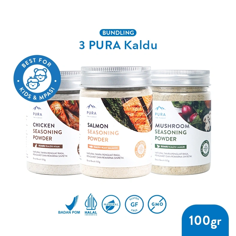 Pura Kaldu Asli | 3 Bumbu Kaldu Ayam Kampung, Sapi, Jamur & Salmon (100gr) - Kaldu Mpasi - BB Booster - No Gula - Kaldu Serbaguna - Gluten Free