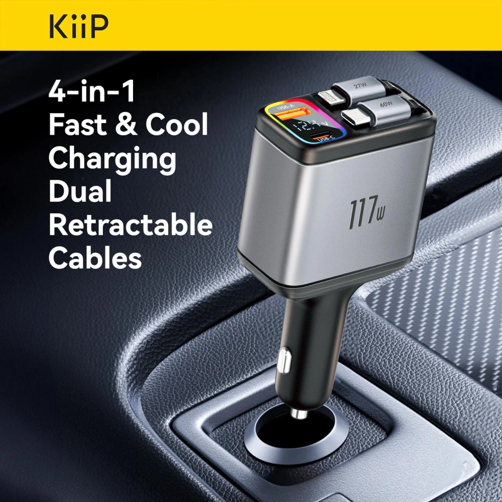 KIIP WIRELESS SC18 117W PD CAR CHARGER RETRACTABLE STRETCH FAST CHARGING CAS MOBIL USB-A USB-C TYPE C