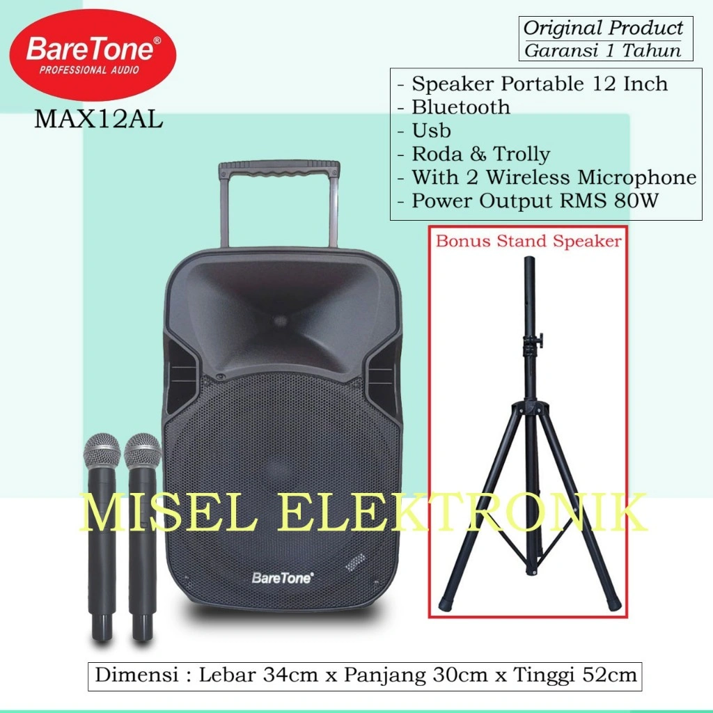 SPEAKER AKTIF PORTABLE BARETONE 12 INCH MAX12AL BLUETOOTH WIRELESS ORIGINAL