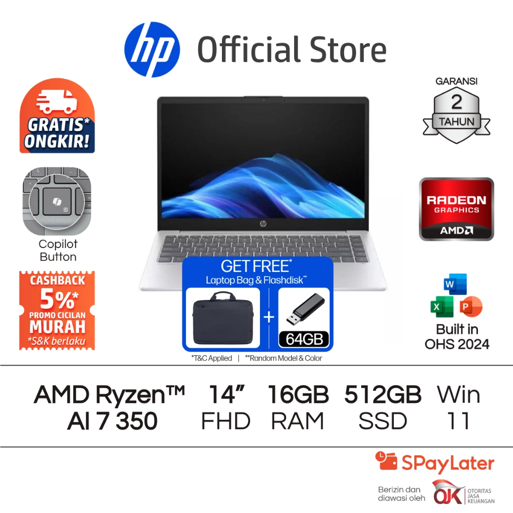 Laptop HP 14 - OmniBook 3 [NEW] - AMD Ryzen 7 Radeon 16GB RAM 512GB SSD Gold / Silver Windows 11 Home 14 Inch Garansi 2 Tahun Promo Murah Gratis Ongkir Official Non Second