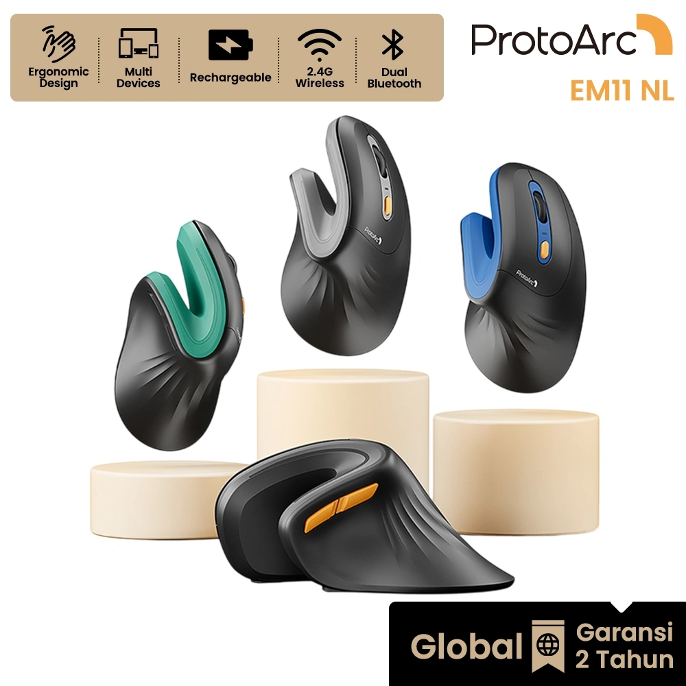 ProtoArc EM11 NL Ergonomic Mouse Wireless 2.4G + Dual Bluetooth Rechargeable - Garansi 2 Tahun