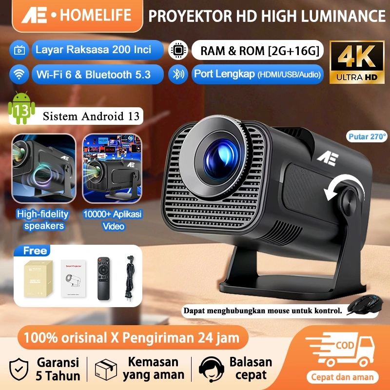 AE 4K Smart Proyektor Full HD Android 13.0 Infocus Proyektor Mini 350 ANSI MirrorLink Auto Keystone LCD