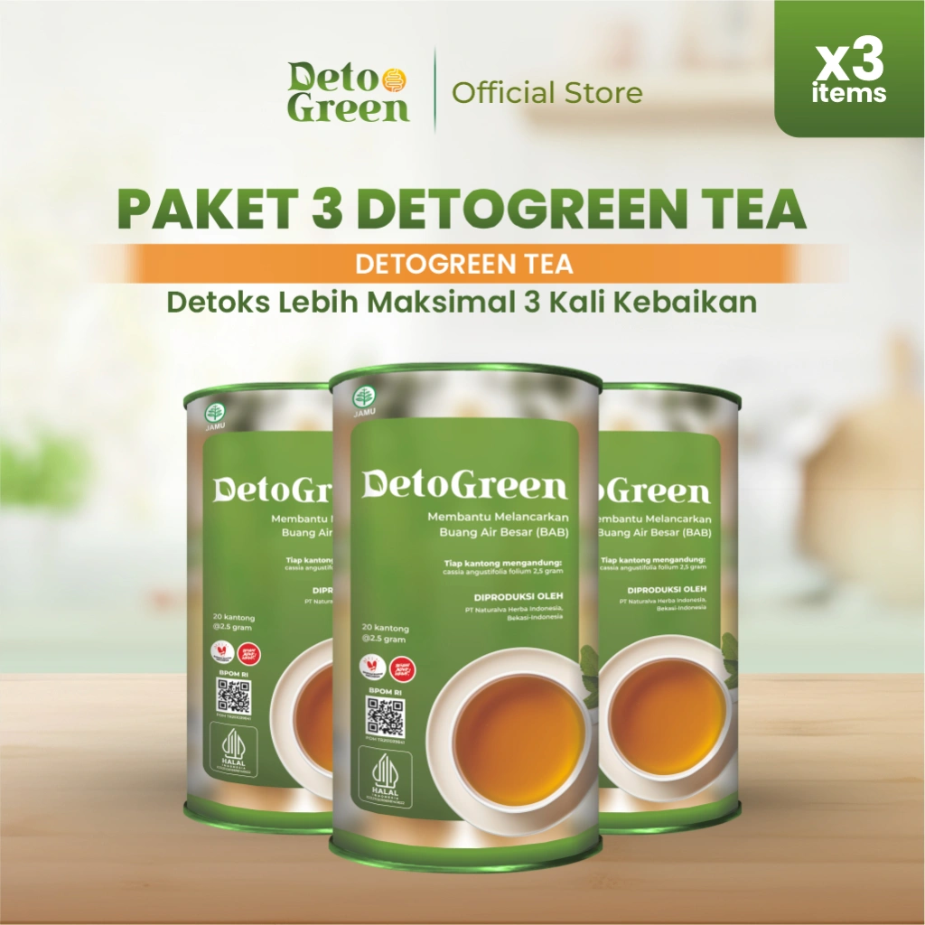 DETOGREEN Paket Teh Detoks Usus Sistem Pencernaan Herbal Alami Sehat 3 PCS