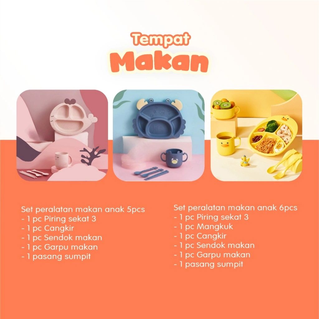 ALAT MAKAN BAYI SILICONE 6IN1- FREE BUBLE WRAP -- /ANAK MAKAN SET//TEMPAT PIRING//Bahan Jerami Premium-FANCY