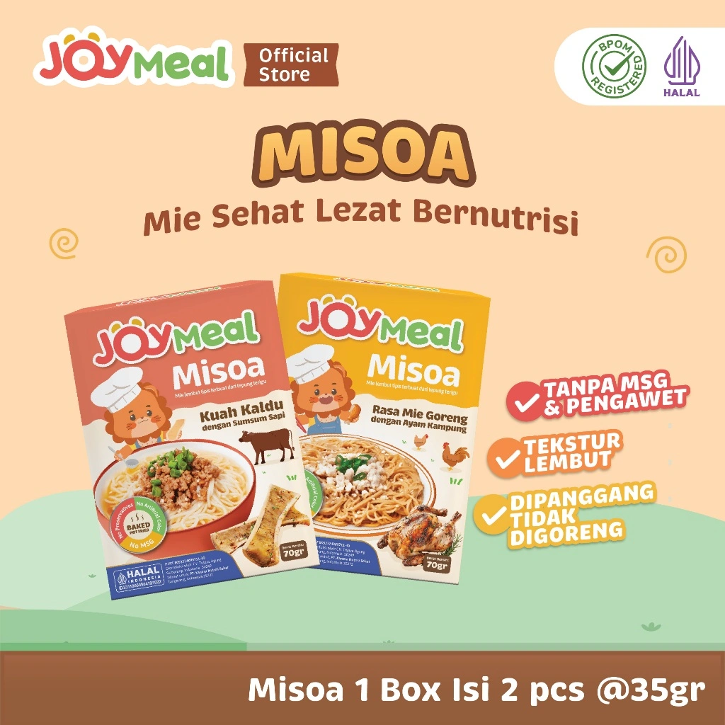 JoyMeal Misoa 70gr | Mie Sehat Lezat Bernutrisi dengan Rasa Kuah Kaldu Sumsum Sapi dan Rasa Mie Goreng Ayam Kampung | Misoa Halal untuk Bayi & Anak