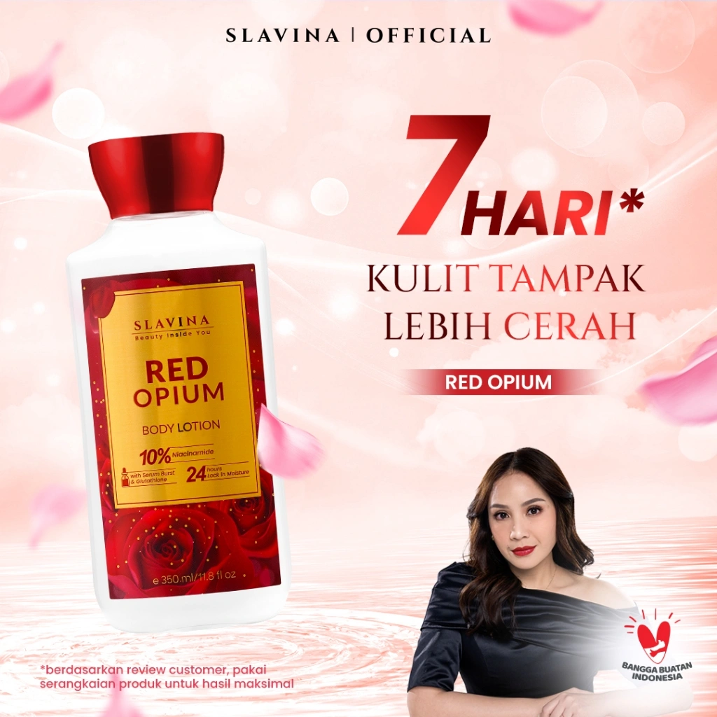 SLAVINA Body Lotion Red Opium by Nagita Slavina 350ML – Handbody Whitening & Body Serum Pemutih Badan, Tone Up Moisturizer Wangi Parfum Mewah Rose Fruity Niacinamide Glutathione Melembapkan Kulit Cerah Lembut Copper Peptide