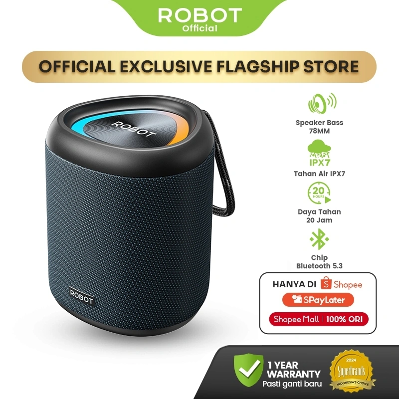 ROBOT Speaker Bluetooth Portabel 5.3 15W Super Bass 78mm with RGB Light Speaker Waterproof IPX7 RB120S Original - Garansi 1 Tahun