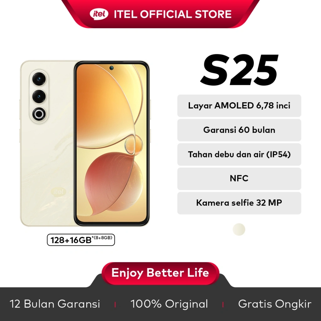 itel S25 RAM 8+8/128GB - 6.78"FHD Amoled 120hz - Super Bright Display 1800 nits- 32MP Selfie Cam - Unisoc T620 - Rear Cam 50MP - NFC - IP54 - DTS Sound