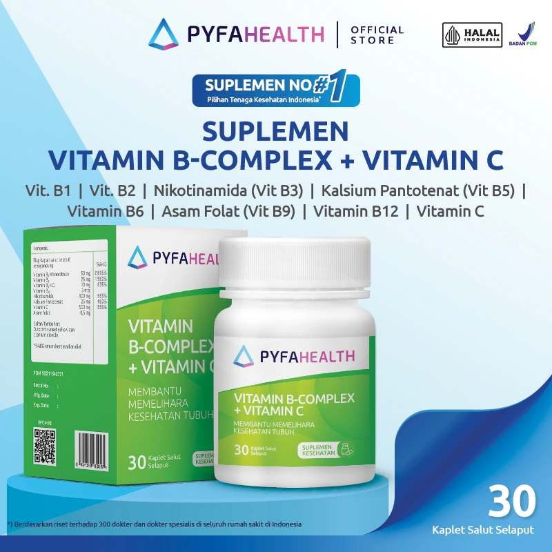 [HALAL BPOM] PYFAHEALTH VITAMIN B-COMPLEX + VITAMIN C 30 Kaplet | Membantu Menjaga Kesehatan Tubuh, Meningkatkan Stamina, Energi dan Kekebalan Tubuh