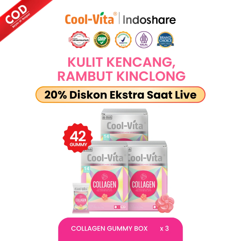 Coolvita 3 Box Collagen Gummy - Suplemen Vitamin Kolagen 120mg untuk Menjaga Kesehatan Kulit, Kuku dan Rambut - colvita Original dan BPOM