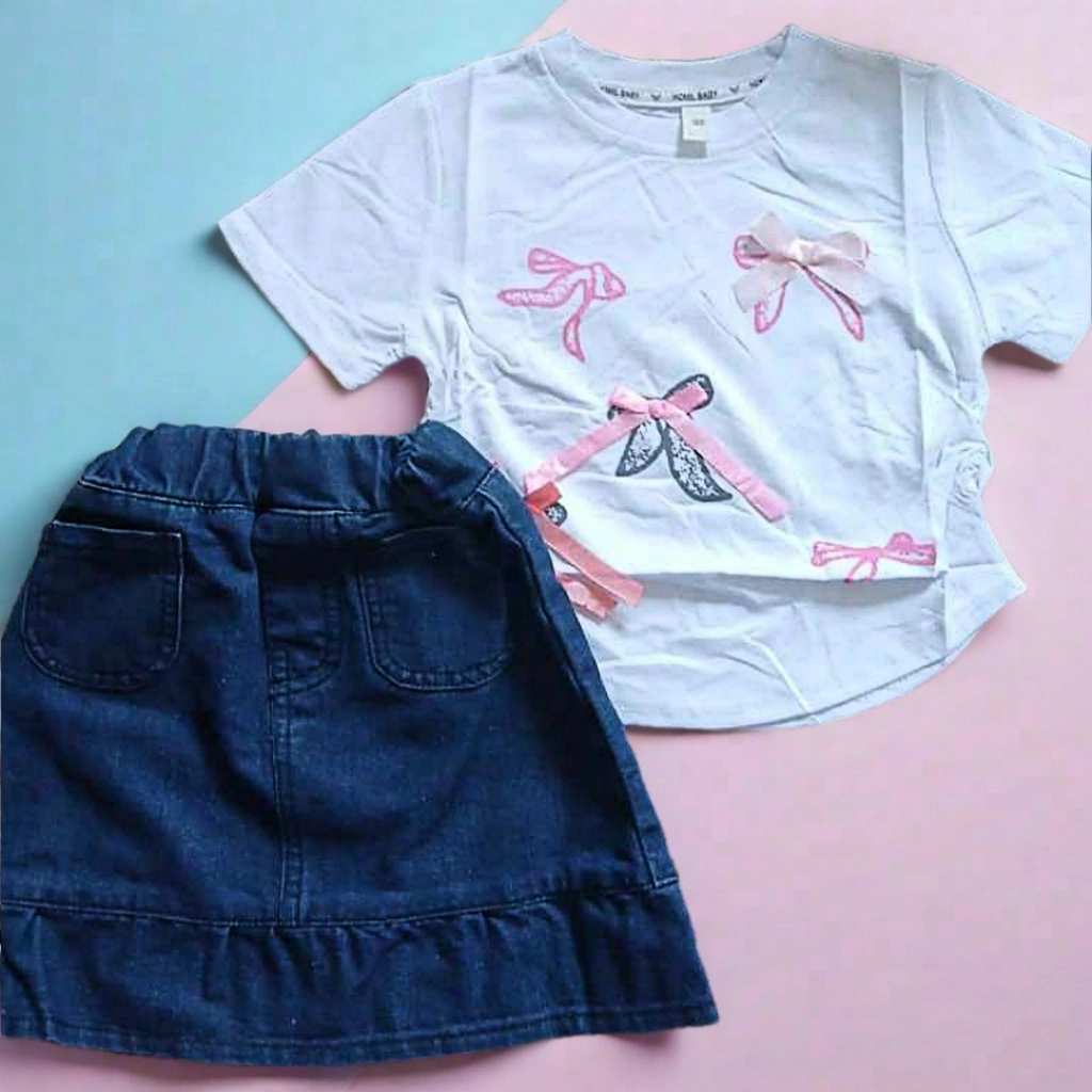 KIMIKO GIRL SET SETELAN ANAK PEREMPUAN BAJU ANAK IMPORT BAJU ANAK FASHION KOREAN STYLE USIA 2-8 TAHUN ROK JEANS LENGAN PENDEK