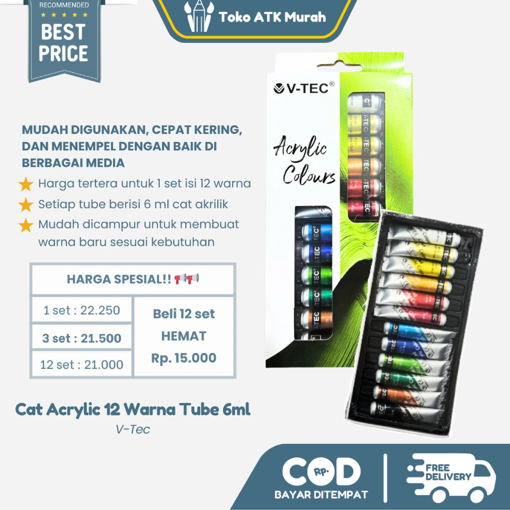Cat Akrilik V-tec 12 Warna x 6ml - Acrylic Colours VT-612/A Untuk Sekolah Hobi Seni DIY