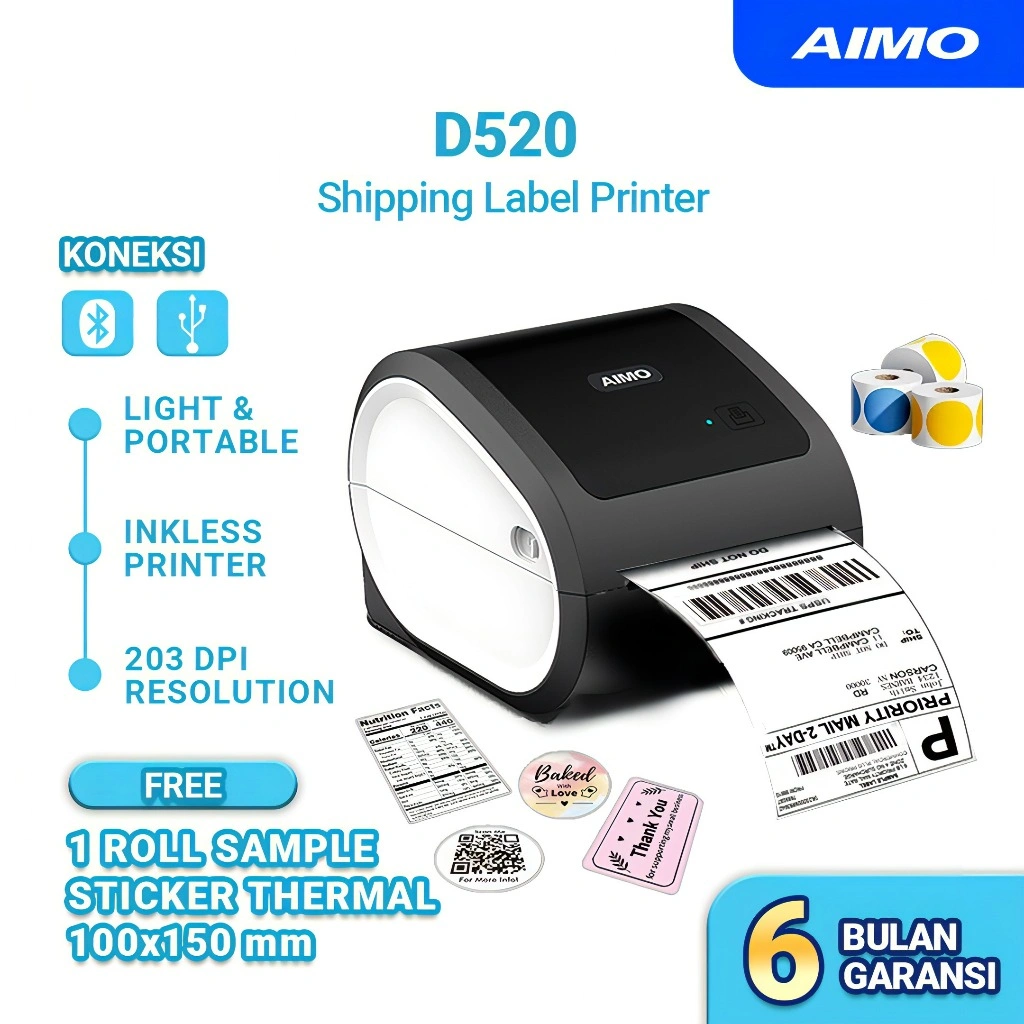 AIMO D520 THERMAL PRINTER BLUETOOTH USB PRINTER BARCODE RESI LABEL PENGIRIMAN STICKER 110MM A6