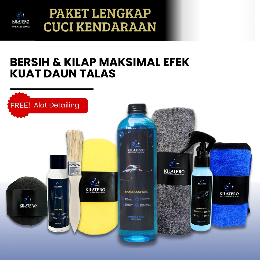 Bundle Paket Lengkap Detailing Cuci Motor Mobil – Shampoo & Wax Bubblegum 500ml + Spray Coating + Tire and Trim | Bersih & Kilap Maksimal, Efek Hydrophobic Daun Talas | KilatPro