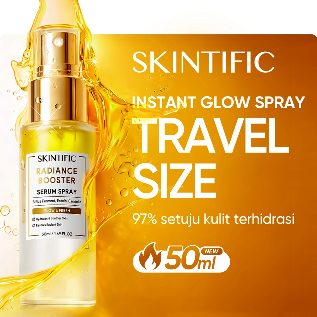 NEW SKINTIFIC - Instant Glowing Serum Spray Travel Size 50ml | Radiance Booster Essence toner serum mencerahkan wajah Moisturizer Hydrating Toner Centella Kulit Lebih Halus Lembab Dalam Multifungsi Skincare Pendukung Make Up Setting Spray serum glow bomb