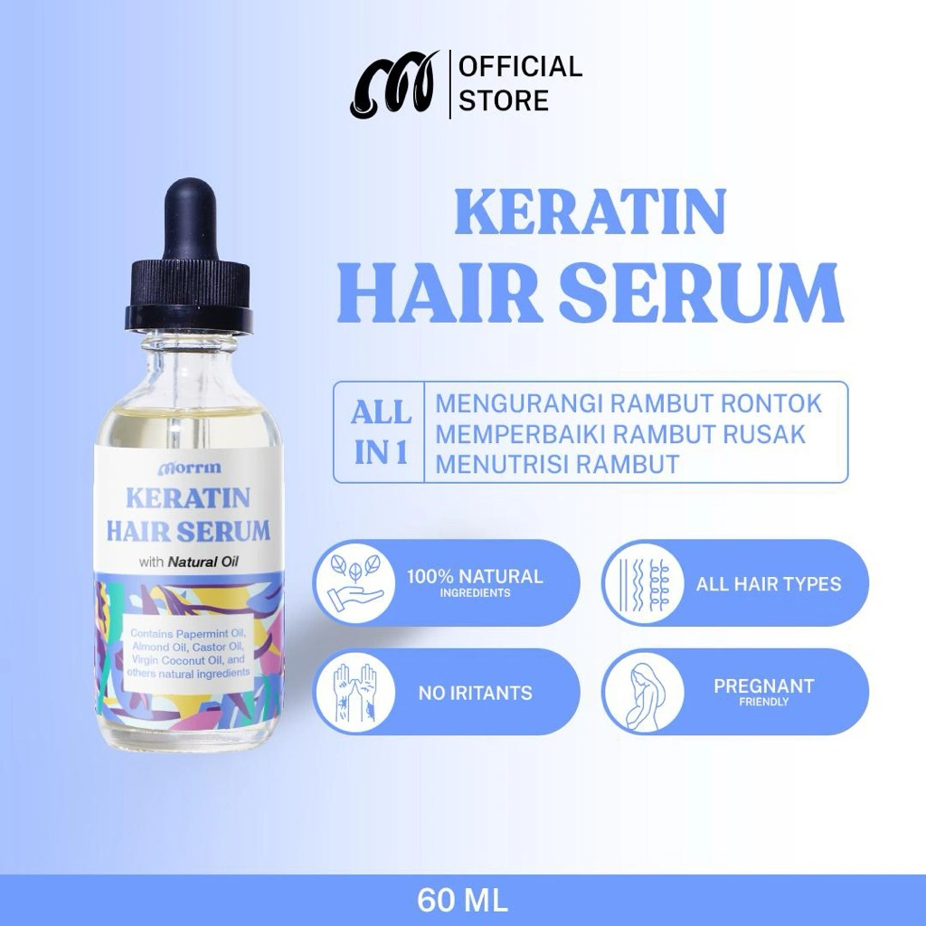 Morrin Keratin Hair Serum Oil – Serum Anti Rontok, Anti Ketombe, Mempercepat Pertumbuhan Rambut, & Perbaikan Rambut Rusak.