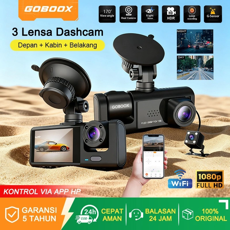 GOBOOX 3 Lens Dashcam Mobil Depan Kabin Belakang 128G HD 1080P WiFi GPS Kamera Camera Mundur Mobil / Night Vision / Loop 24 Jam / G-Sensor / 170° Sudut Lebar / Deteksi Gerakan